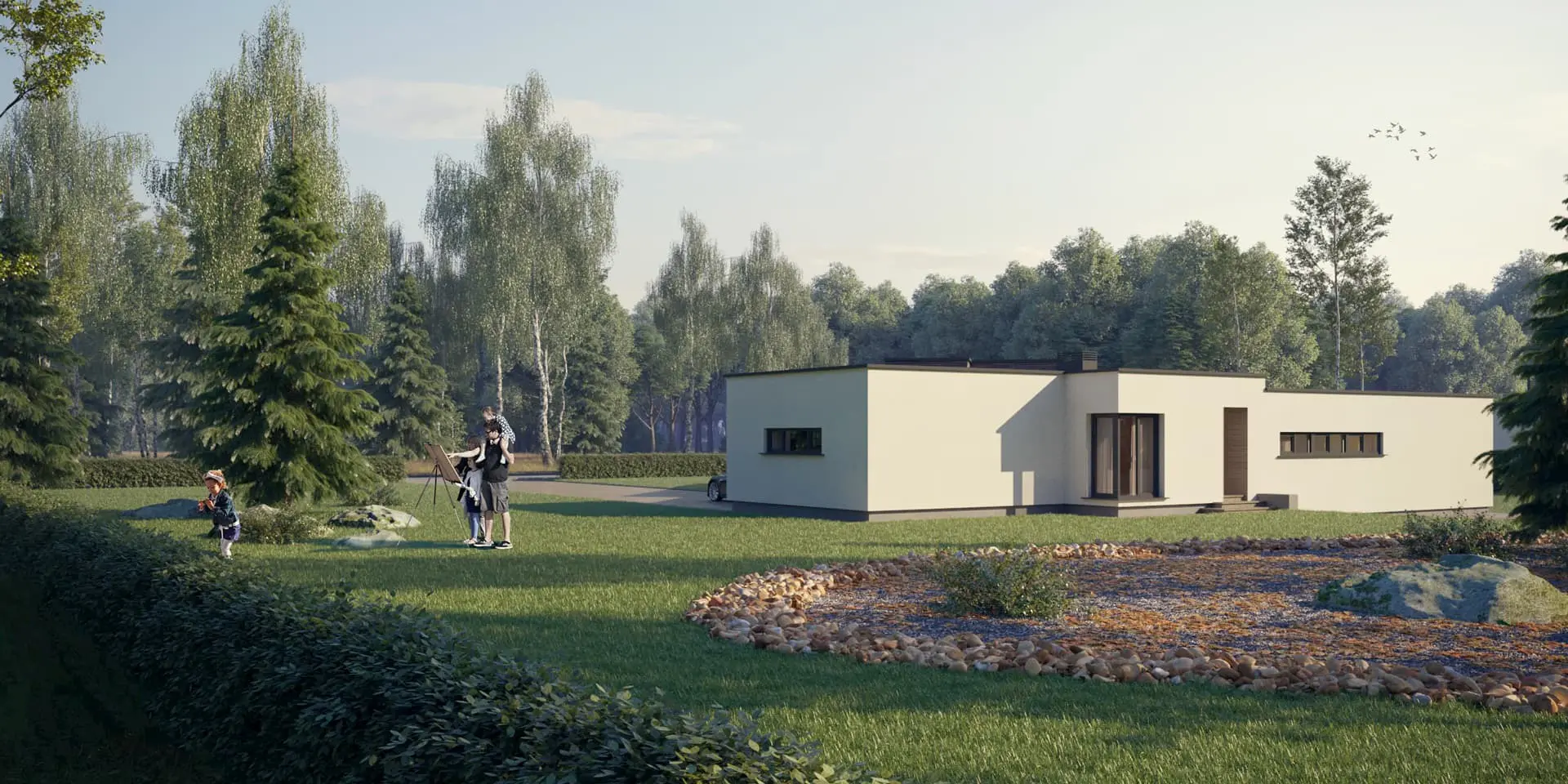 Vieno aukšto namo projektas 197 m²: 3 Miegamieji, Darbo kambarys, 2 Vonios, Atvira virtuvė, Garažas