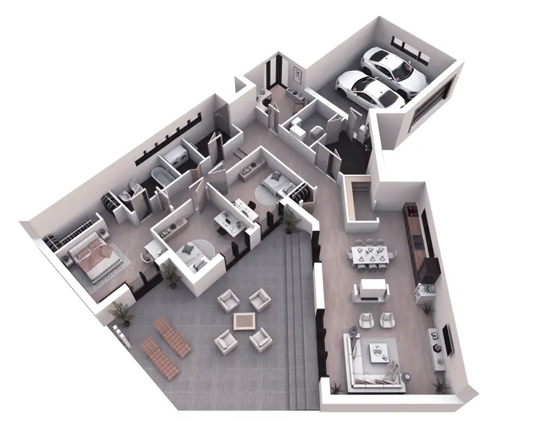 Vieno aukšto namo projektas 197 m²: 3 Miegamieji, Darbo kambarys, 2 Vonios, Atvira virtuvė, Garažas