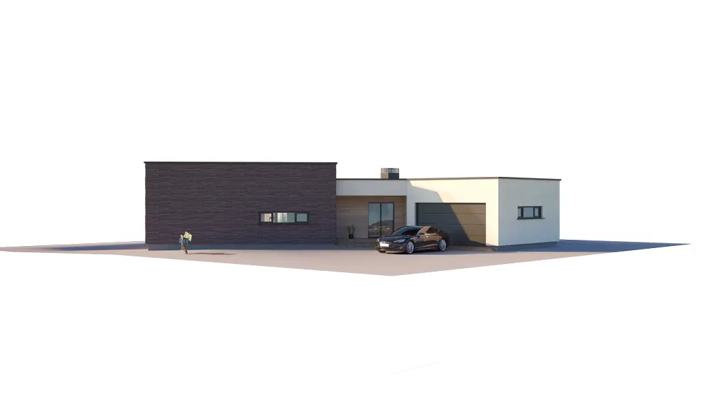 Vieno aukšto namo projektas 197 m²: 3 Miegamieji, Darbo kambarys, 2 Vonios, Atvira virtuvė, Garažas