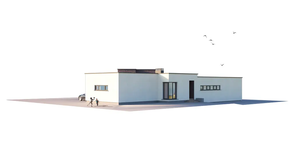 Vieno aukšto namo projektas 197 m²: 3 Miegamieji, Darbo kambarys, 2 Vonios, Atvira virtuvė, Garažas