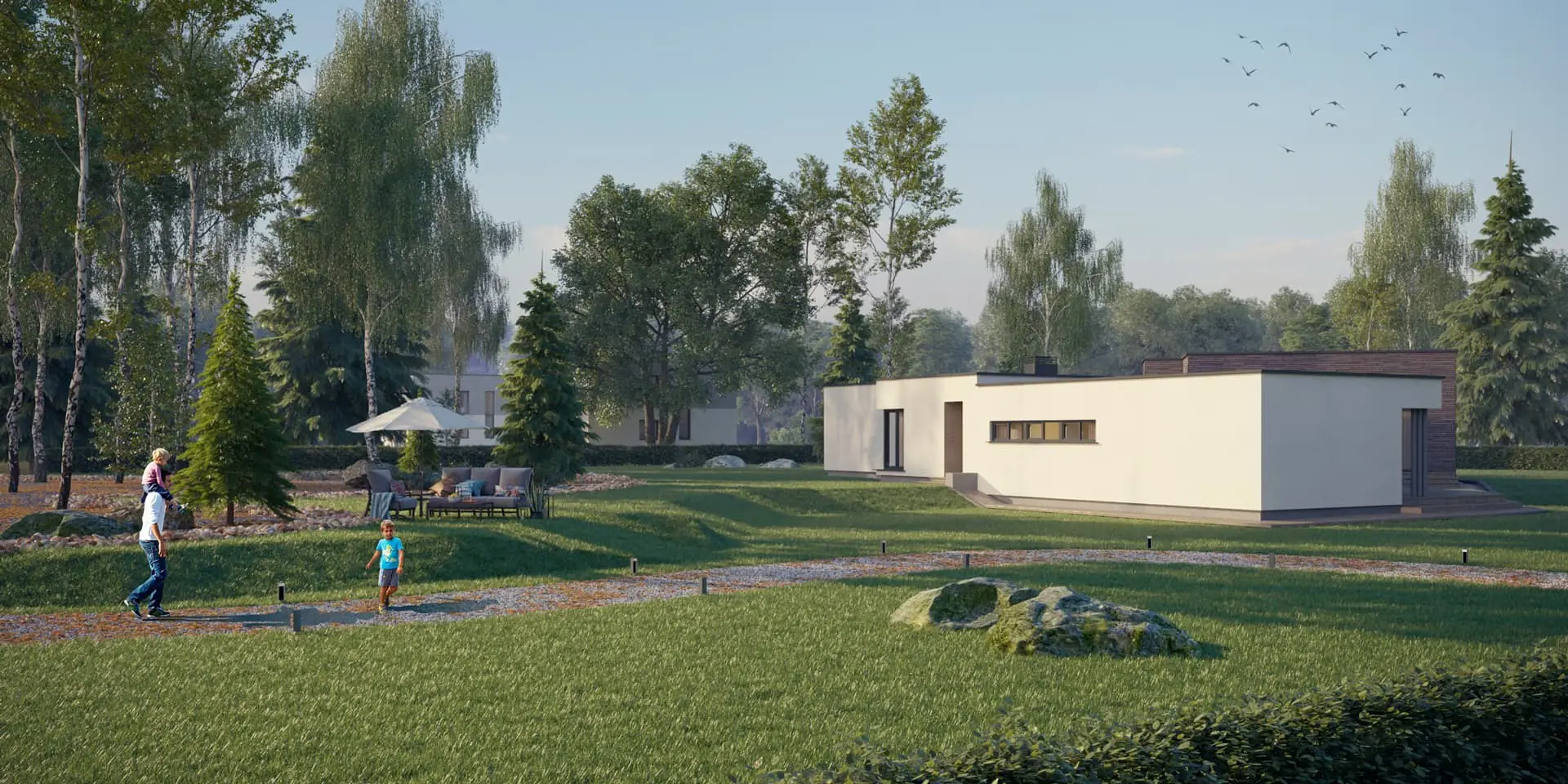 Vieno aukšto namo projektas 197 m²: 3 Miegamieji, Darbo kambarys, 2 Vonios, Atvira virtuvė, Garažas