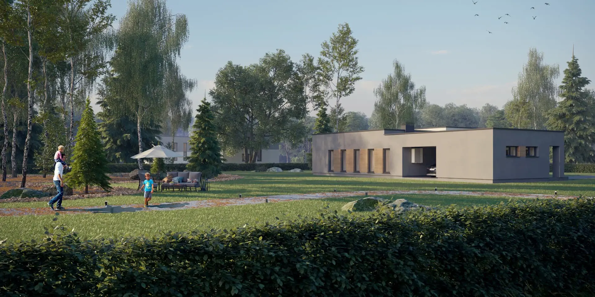 Vieno aukšto namo projektas 165 m²: 3 Miegamieji, 2 Vonios, Atvira virtuvė, be Garažo