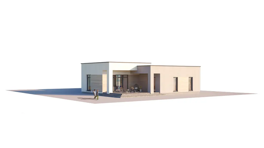 Vieno aukšto namo projektas 165 m²: 3 Miegamieji, 2 Vonios, Atvira virtuvė, be Garažo