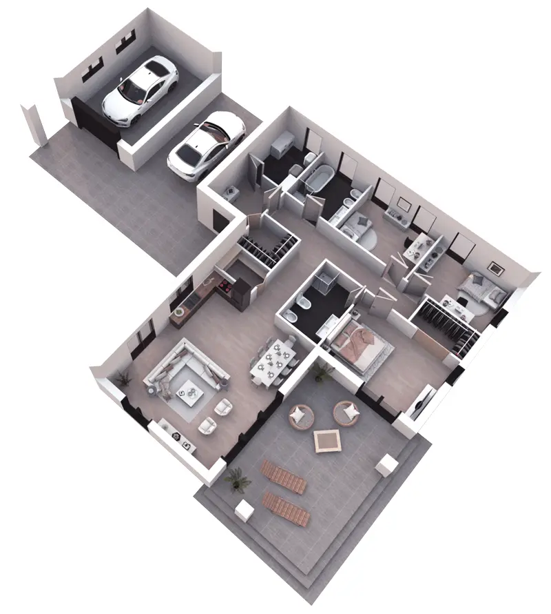 Vieno aukšto namo projektas 165 m²: 3 Miegamieji, 2 Vonios, Atvira virtuvė, be Garažo