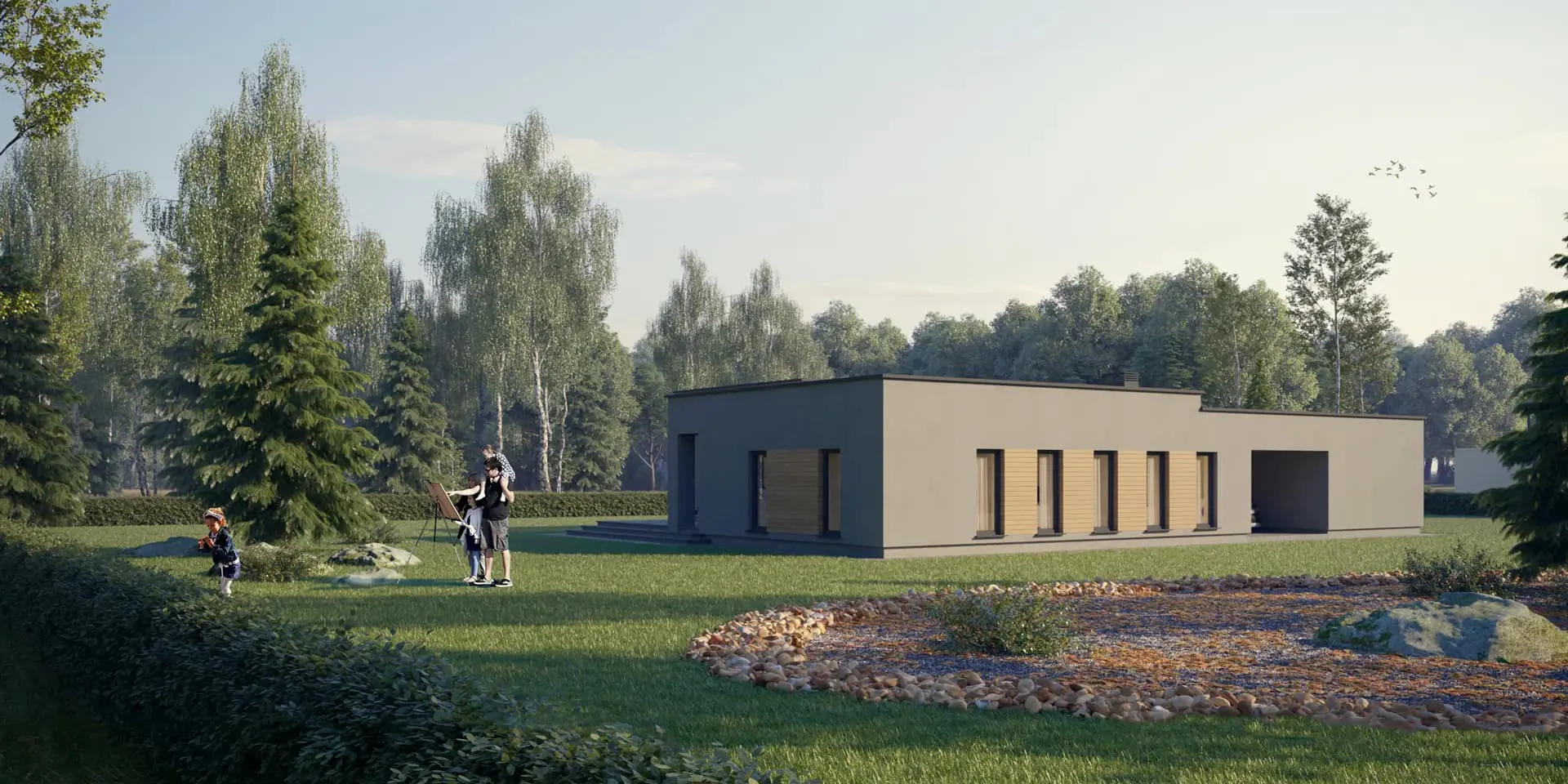 Vieno aukšto namo projektas 165 m²: 3 Miegamieji, 2 Vonios, Atvira virtuvė, be Garažo