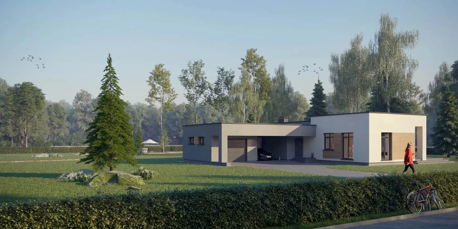 Vieno aukšto namo projektas 165 m²: 3 Miegamieji, 2 Vonios, Atvira virtuvė, be Garažo