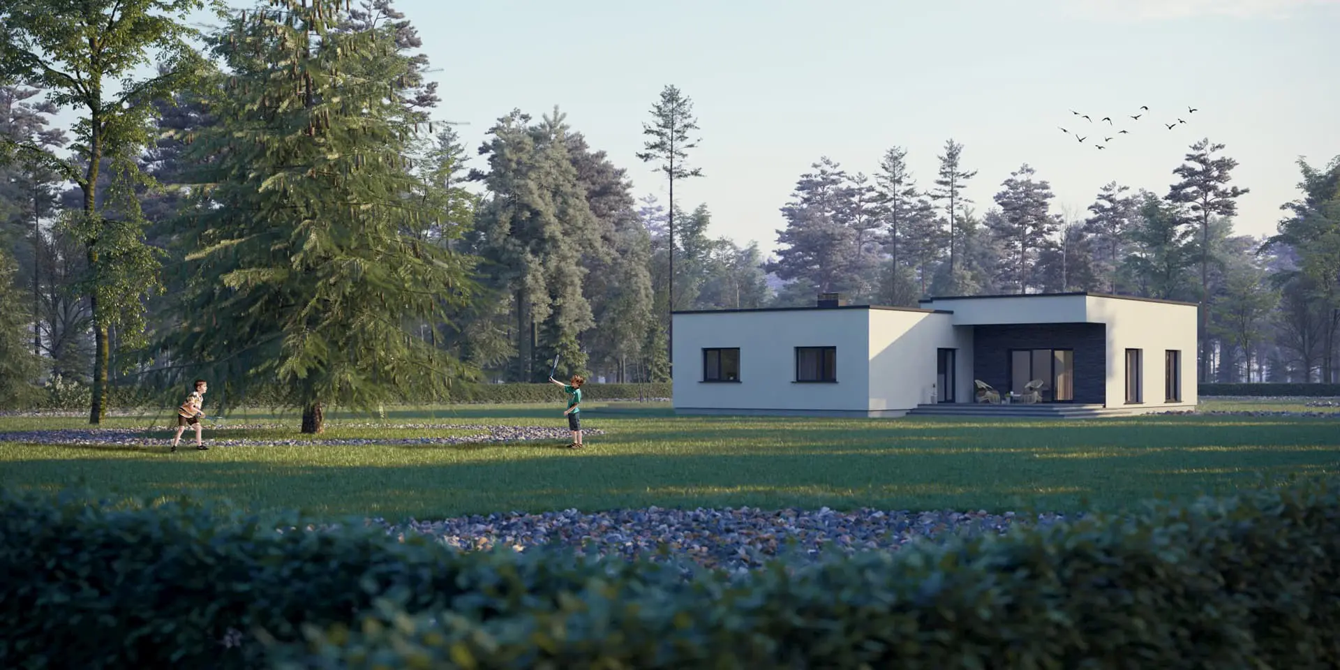 Vieno aukšto namo projektas 181 m²: 3 Miegamieji, 2 Vonios, Atvira virtuvė, Garažas