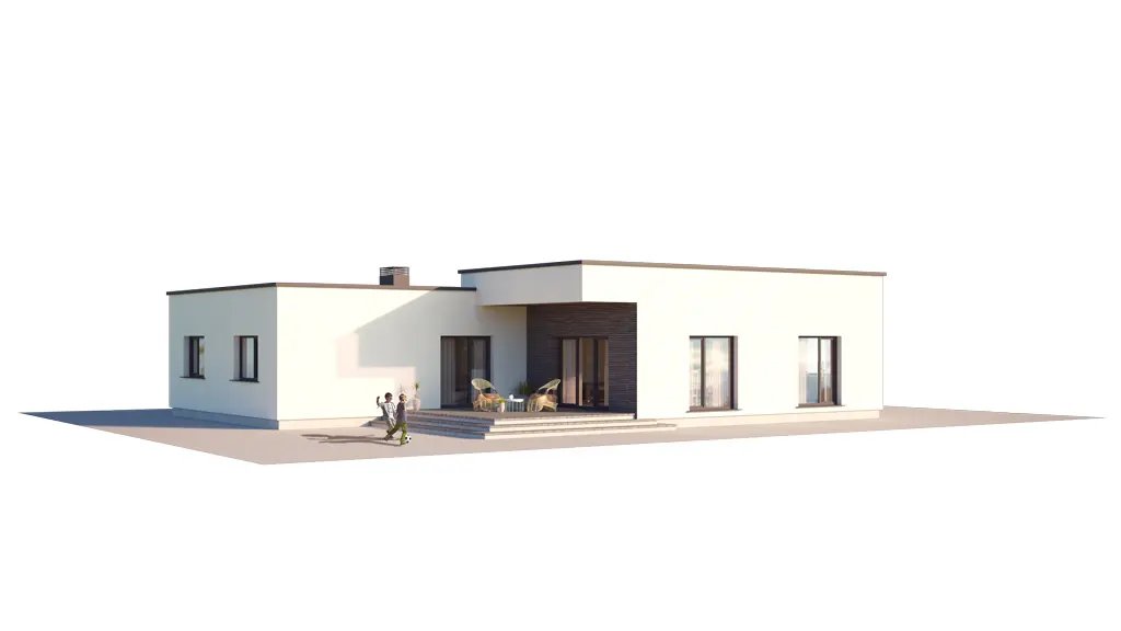 Vieno aukšto namo projektas 181 m²: 3 Miegamieji, 2 Vonios, Atvira virtuvė, Garažas