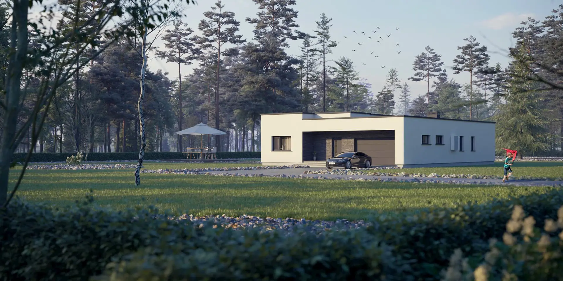 Vieno aukšto namo projektas 181 m²: 3 Miegamieji, 2 Vonios, Atvira virtuvė, Garažas