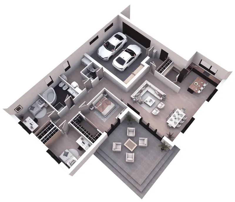 Vieno aukšto namo projektas 181 m²: 3 Miegamieji, 2 Vonios, Atvira virtuvė, Garažas