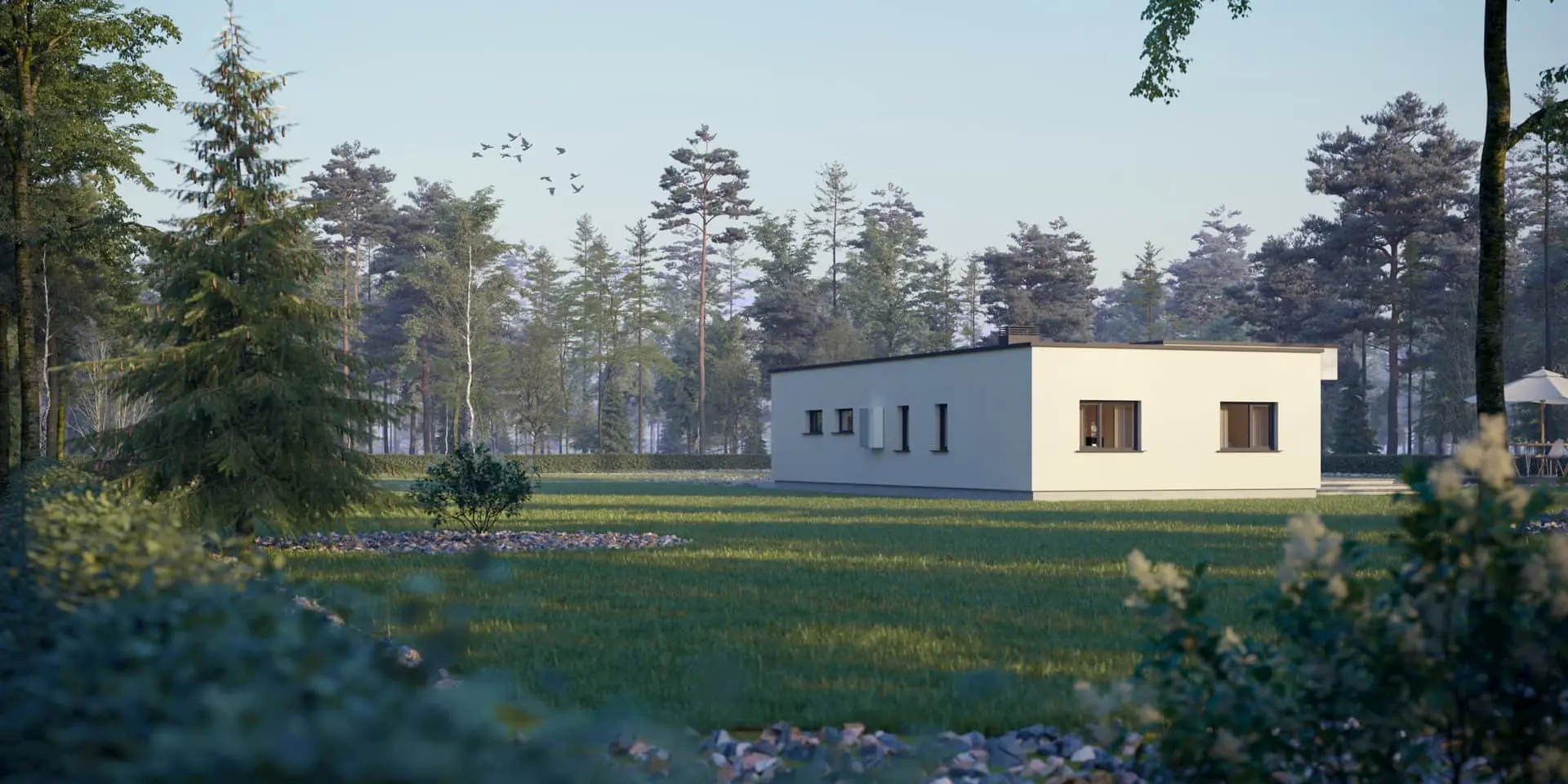 Vieno aukšto namo projektas 181 m²: 3 Miegamieji, 2 Vonios, Atvira virtuvė, Garažas