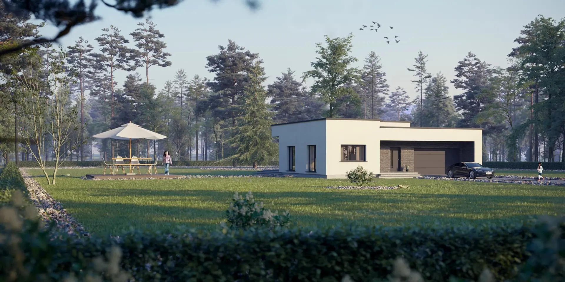 Vieno aukšto namo projektas 181 m²: 3 Miegamieji, 2 Vonios, Atvira virtuvė, Garažas