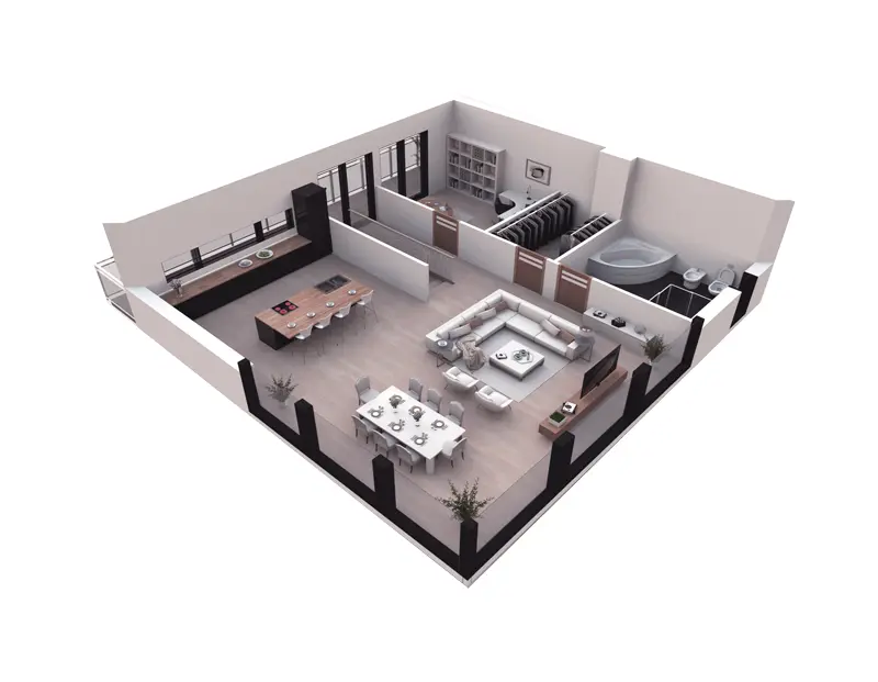 Dviejų aukštų namo projektas 191 m²: 3 Miegamieji, Darbo kambarys, 2 Vonios, Atvira virtuvė, be Garažo