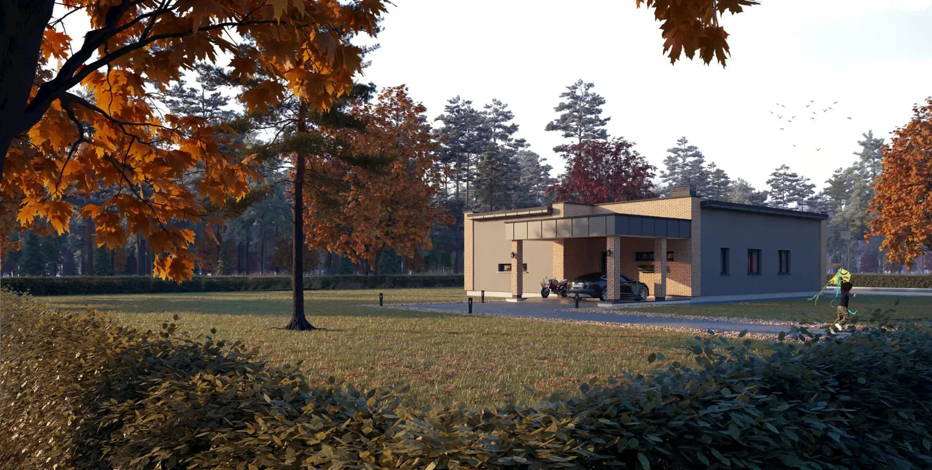 Vieno aukšto namo projektas 126 m²: 3 Miegamieji, 2 Vonios, Atvira virtuvė, be Garažo