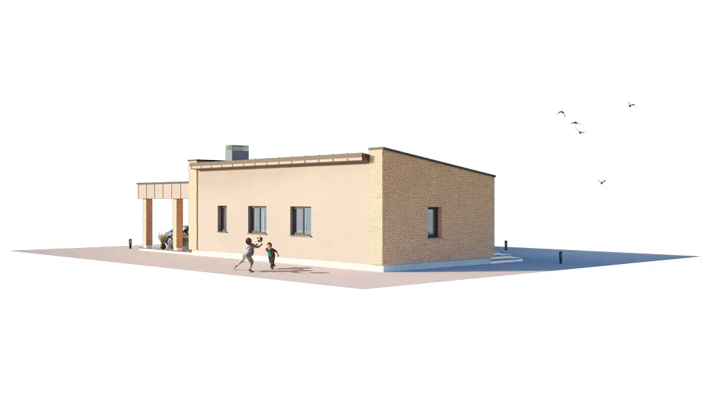 Vieno aukšto namo projektas 126 m²: 3 Miegamieji, 2 Vonios, Atvira virtuvė, be Garažo