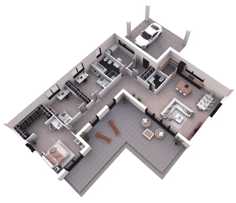 Vieno aukšto namo projektas 126 m²: 3 Miegamieji, 2 Vonios, Atvira virtuvė, be Garažo
