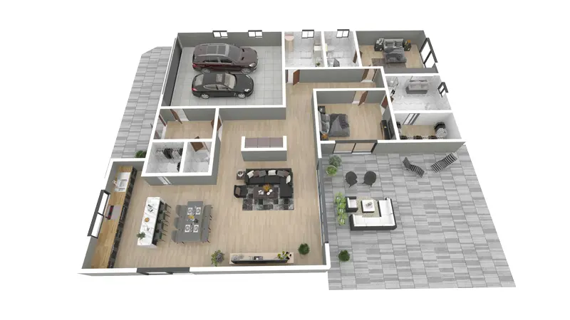 Vieno aukšto namo projektas 192 m²: 2 Miegamieji, 3 Vonios, Atvira virtuvė, Garažas