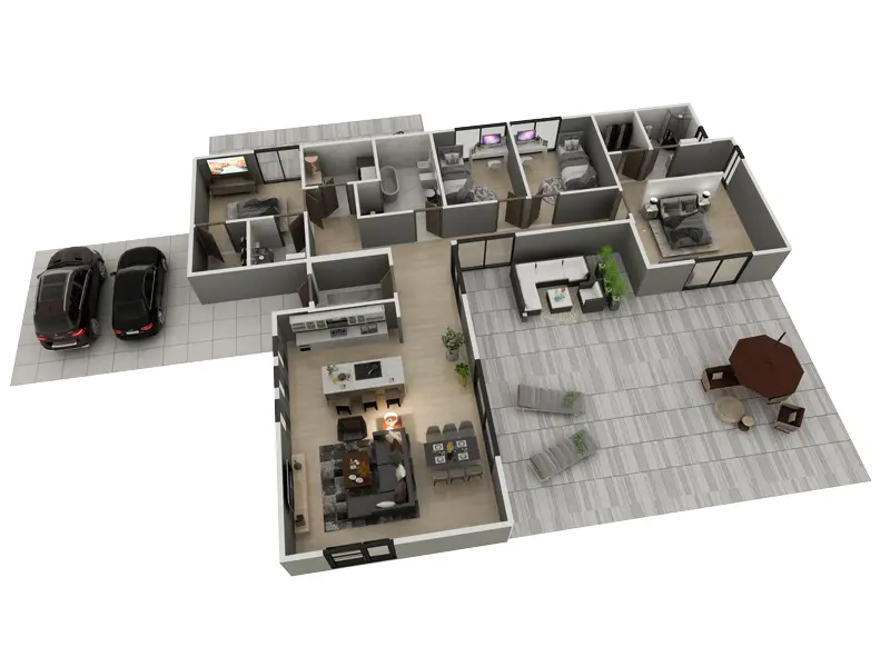 Vieno aukšto namo projektas 177 m²: 4 Miegamieji, 3 Vonios, Atvira virtuvė, be Garažo