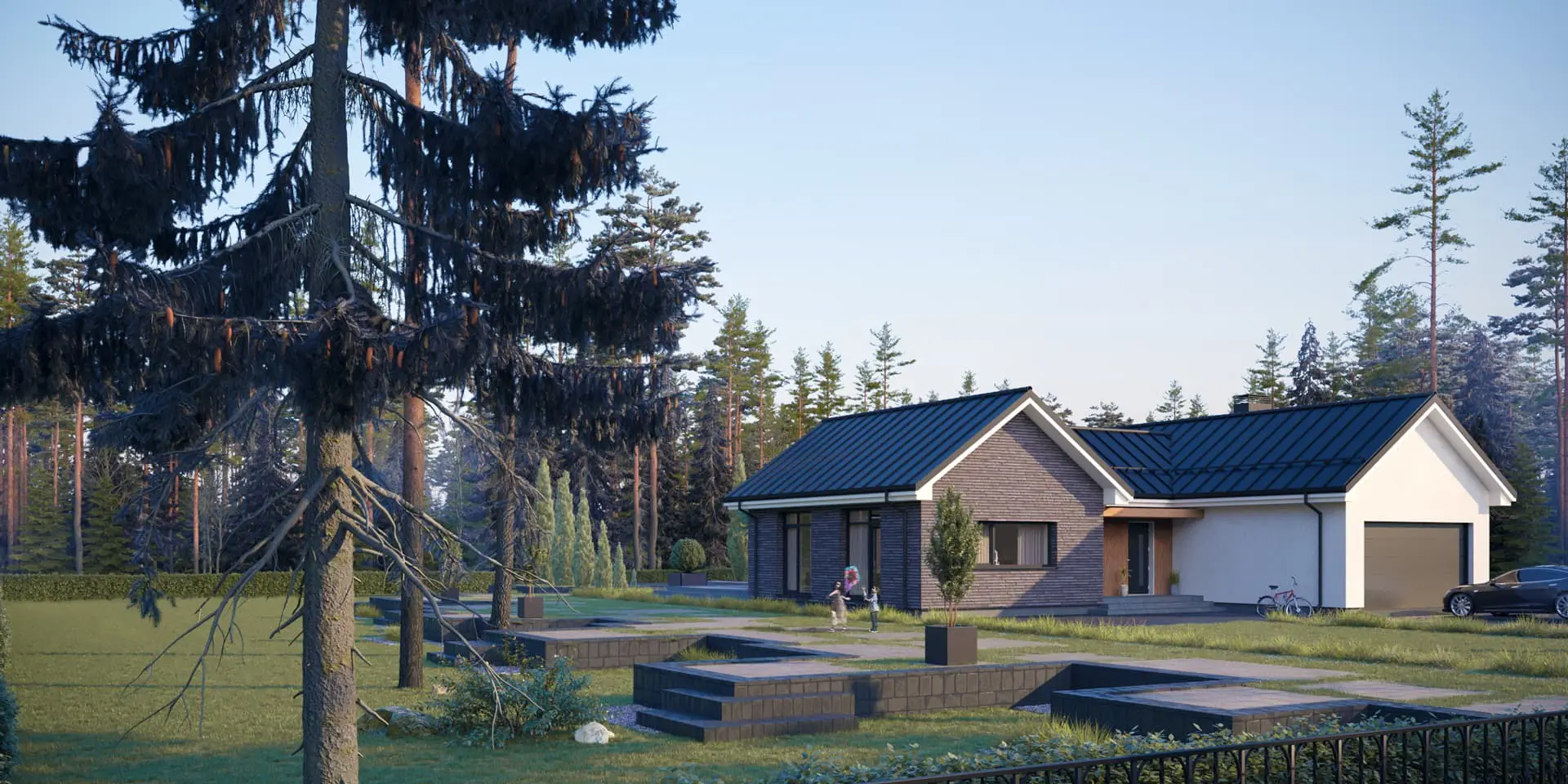 Vieno aukšto namo projektas 179 m²: 3 Miegamieji, 2 Vonios, Atvira virtuvė, Garažas