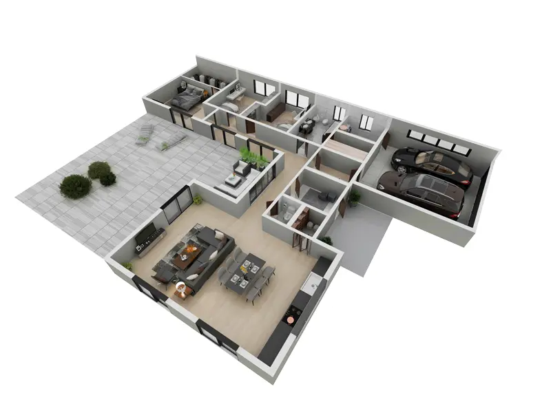 Vieno aukšto namo projektas 179 m²: 3 Miegamieji, 2 Vonios, Atvira virtuvė, Garažas
