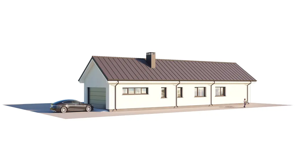 Vieno aukšto namo projektas 179 m²: 3 Miegamieji, 2 Vonios, Atvira virtuvė, Garažas