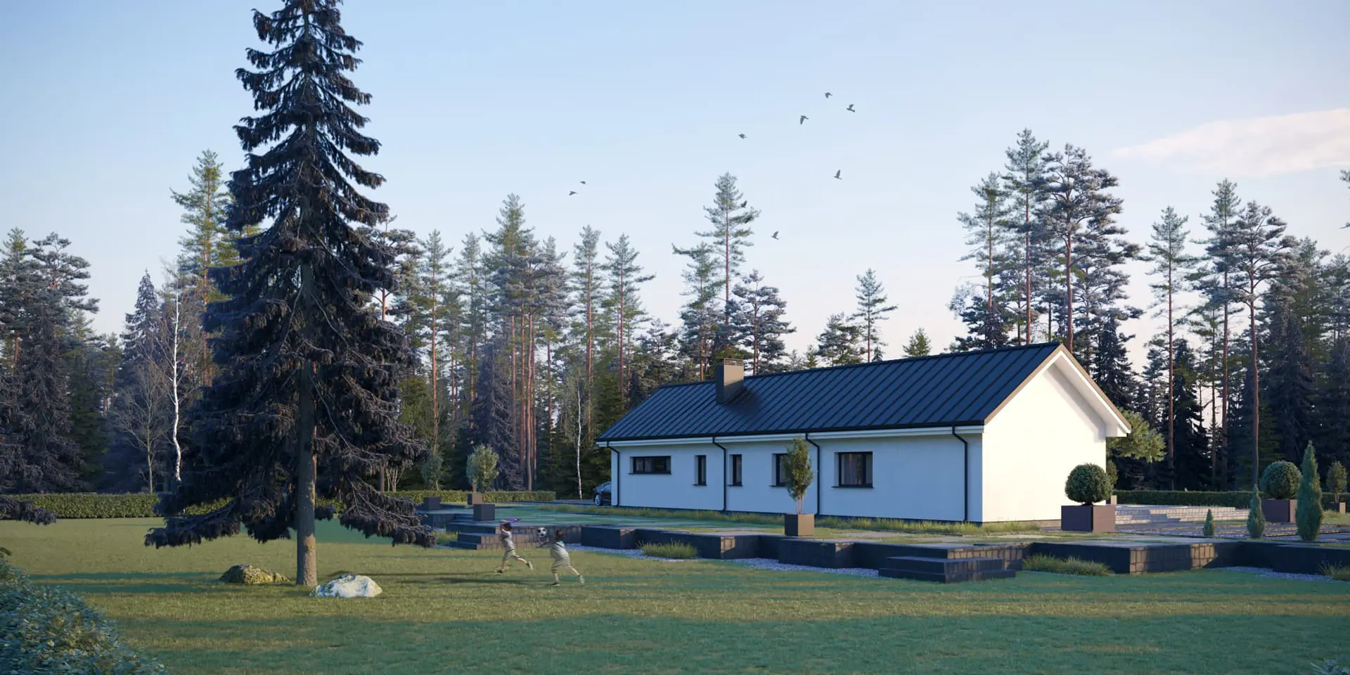 Vieno aukšto namo projektas 179 m²: 3 Miegamieji, 2 Vonios, Atvira virtuvė, Garažas