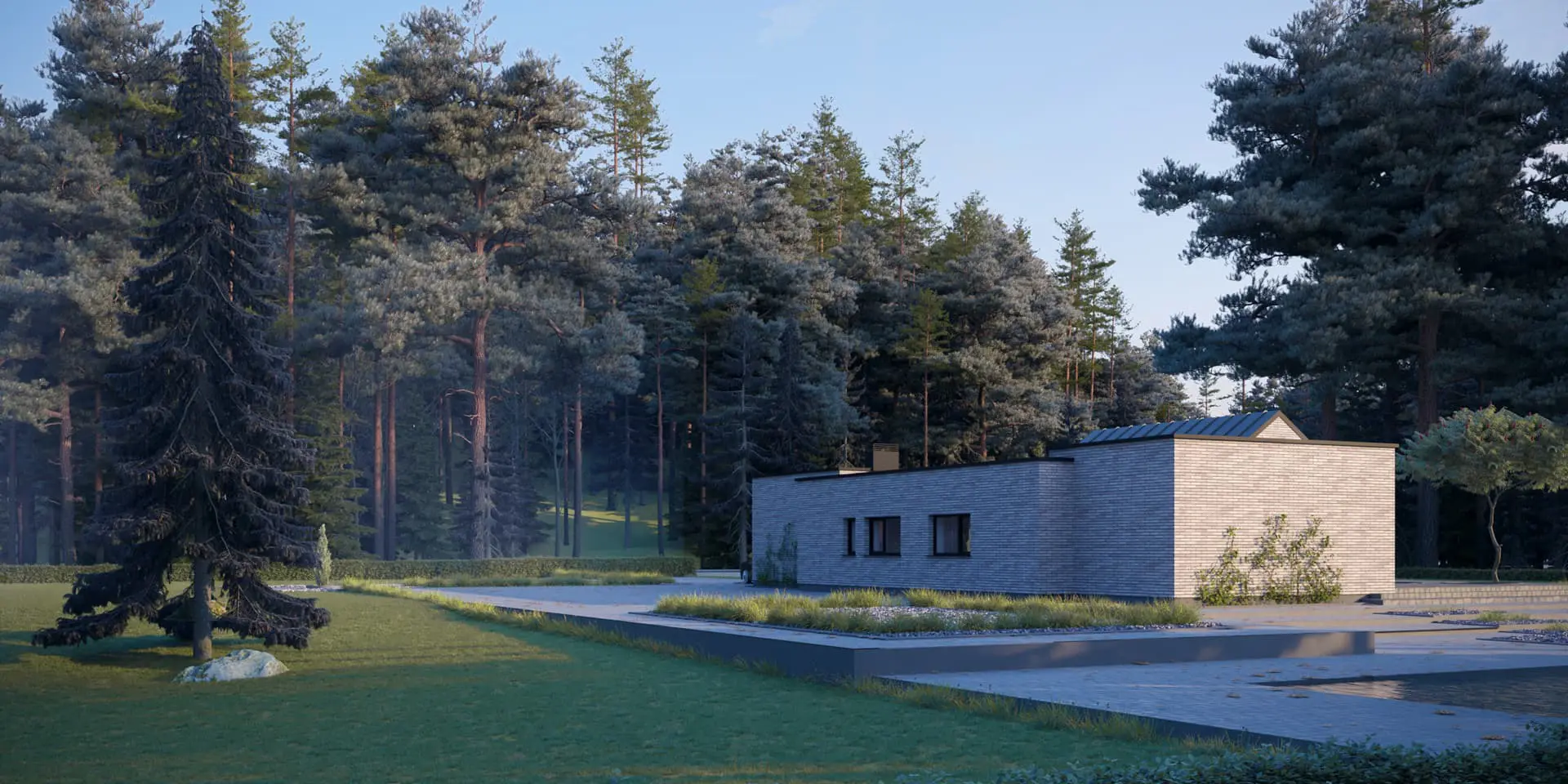 Vieno aukšto namo projektas 205 m²: 3 Miegamieji, 2 Vonios, Atvira virtuvė, Garažas