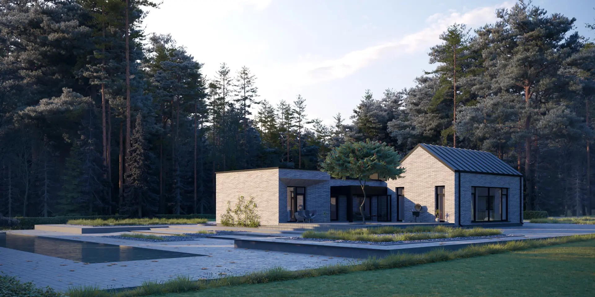 Vieno aukšto namo projektas 205 m²: 3 Miegamieji, 2 Vonios, Atvira virtuvė, Garažas