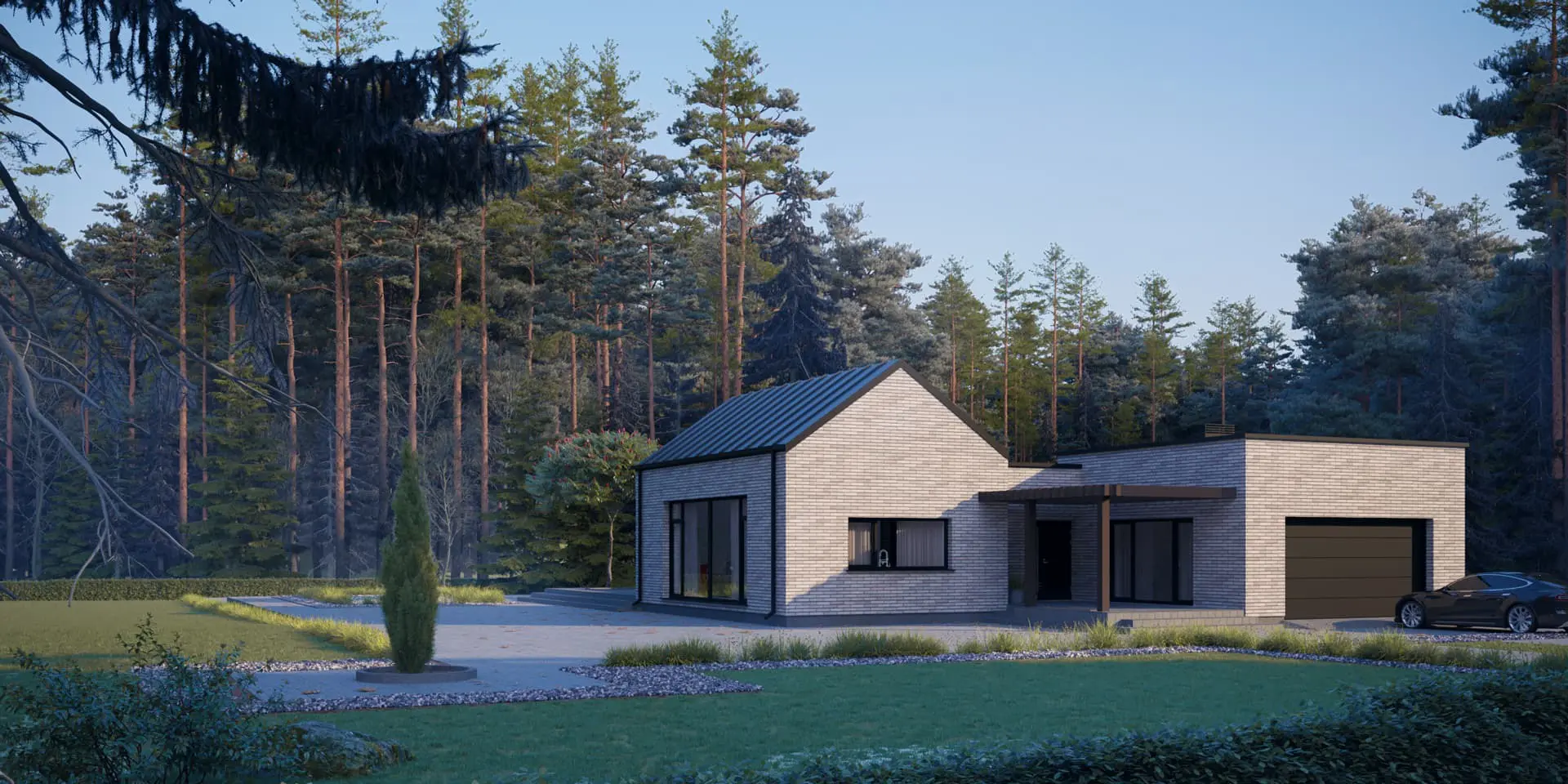 Vieno aukšto namo projektas 205 m²: 3 Miegamieji, 2 Vonios, Atvira virtuvė, Garažas
