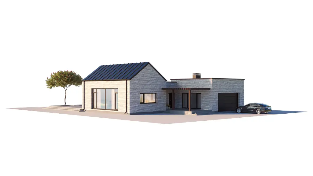 Vieno aukšto namo projektas 205 m²: 3 Miegamieji, 2 Vonios, Atvira virtuvė, Garažas
