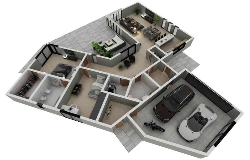 Vieno aukšto namo projektas 179 m²: 2 Miegamieji, 2 Vonios, Atvira virtuvė, Garažas