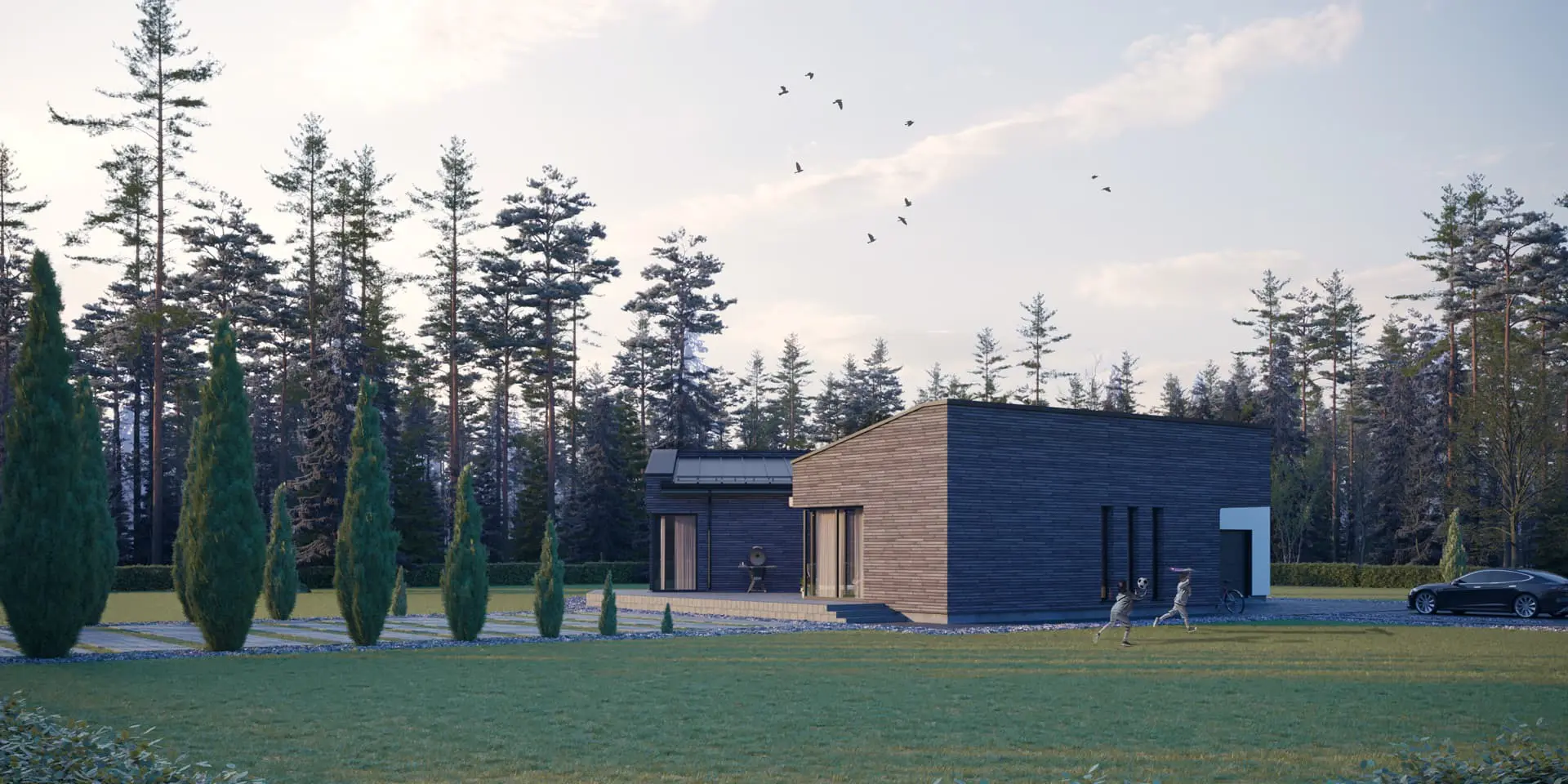 Vieno aukšto namo projektas 179 m²: 2 Miegamieji, 2 Vonios, Atvira virtuvė, Garažas