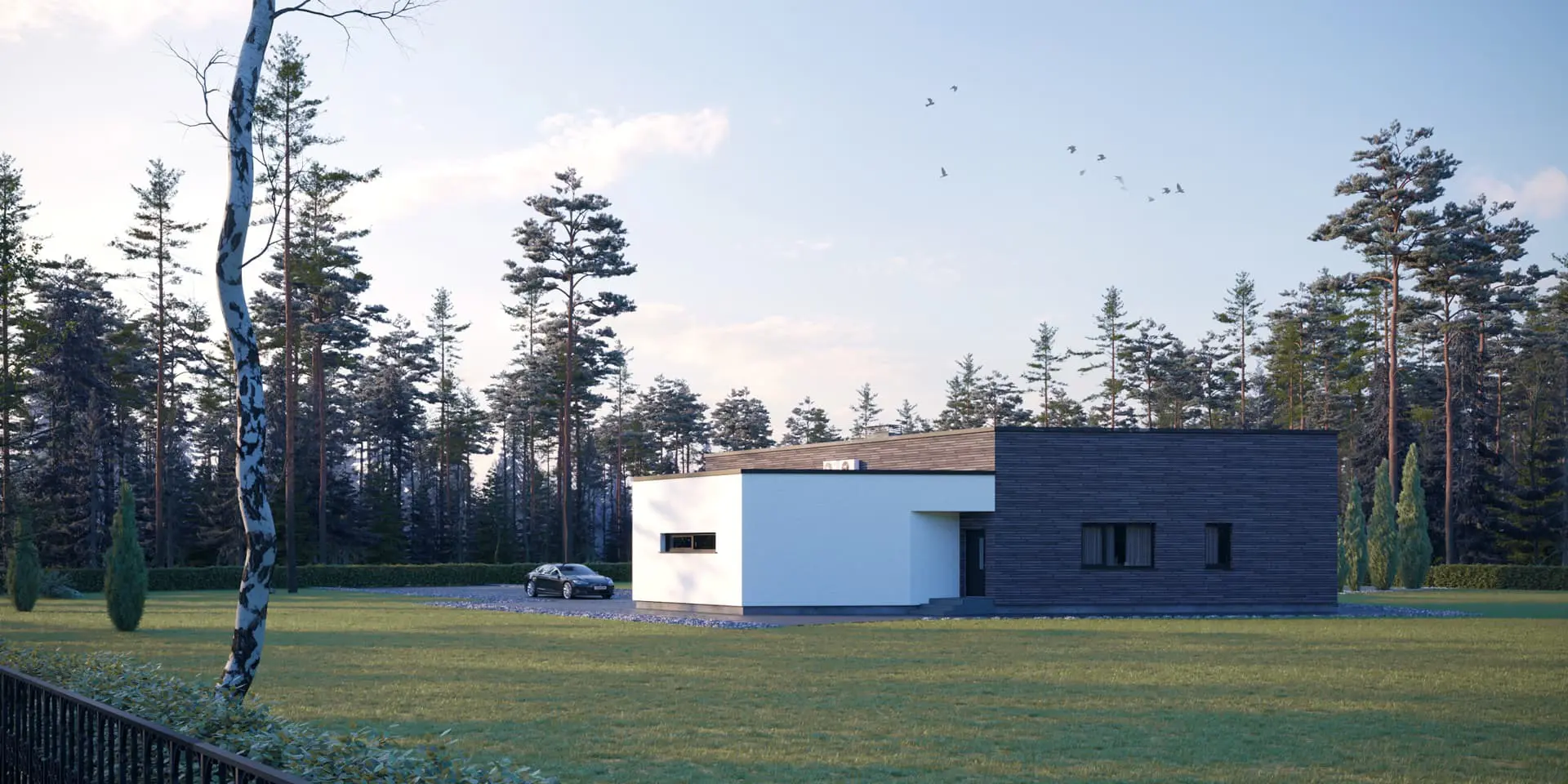Vieno aukšto namo projektas 179 m²: 2 Miegamieji, 2 Vonios, Atvira virtuvė, Garažas