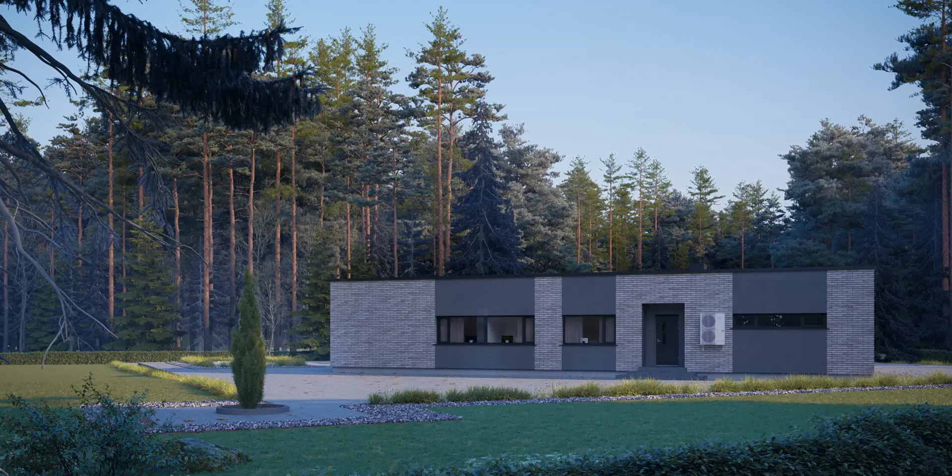 Vieno aukšto namo projektas 199 m²: 3 Miegamieji, Darbo kambarys, 3 Vonios, Atvira virtuvė, Garažas