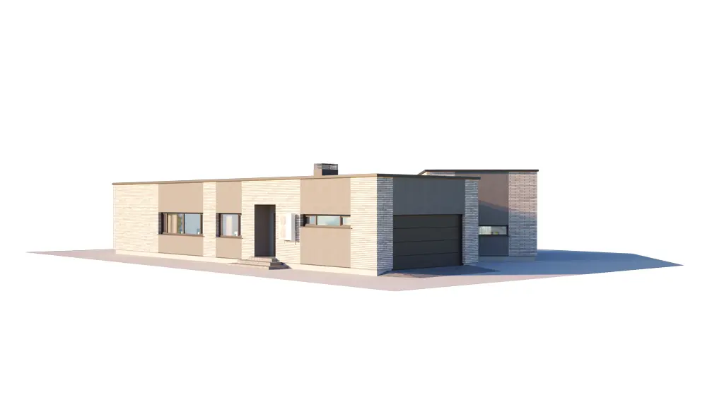 Vieno aukšto namo projektas 199 m²: 3 Miegamieji, Darbo kambarys, 3 Vonios, Atvira virtuvė, Garažas