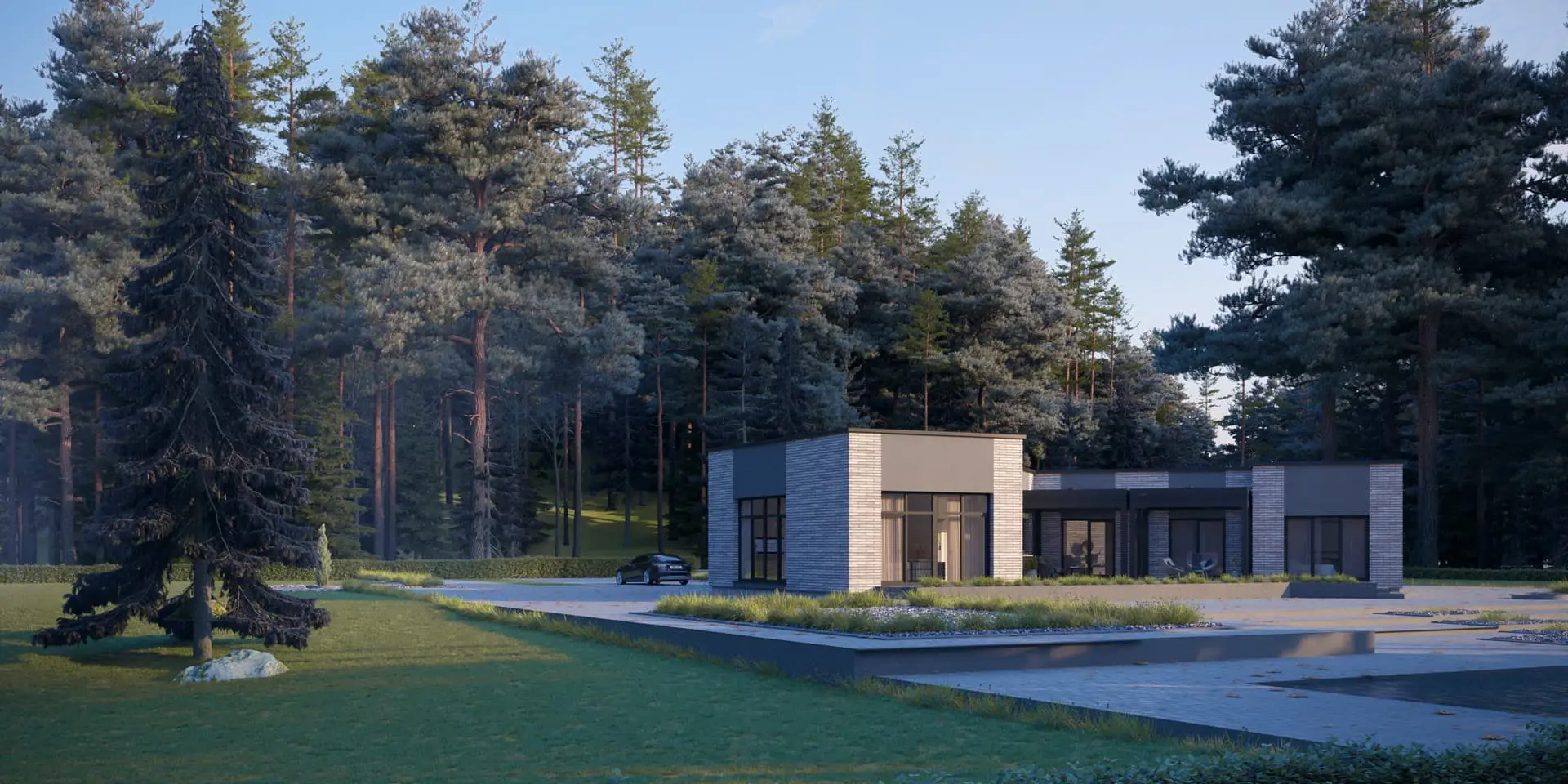 Vieno aukšto namo projektas 199 m²: 3 Miegamieji, Darbo kambarys, 3 Vonios, Atvira virtuvė, Garažas