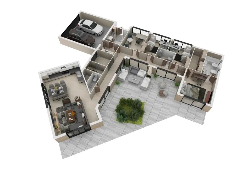 Vieno aukšto namo projektas 199 m²: 3 Miegamieji, Darbo kambarys, 3 Vonios, Atvira virtuvė, Garažas