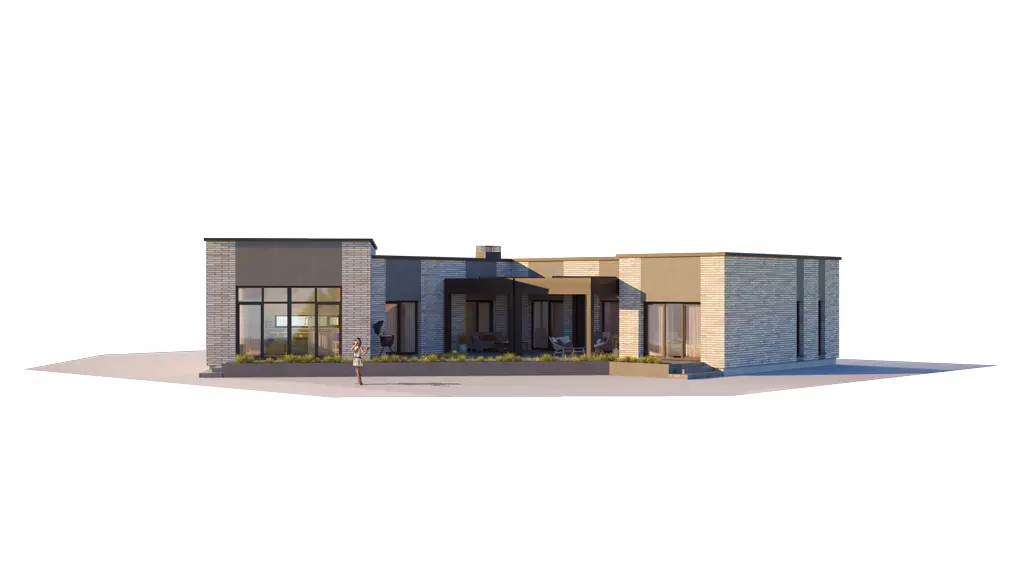 Vieno aukšto namo projektas 199 m²: 3 Miegamieji, Darbo kambarys, 3 Vonios, Atvira virtuvė, Garažas