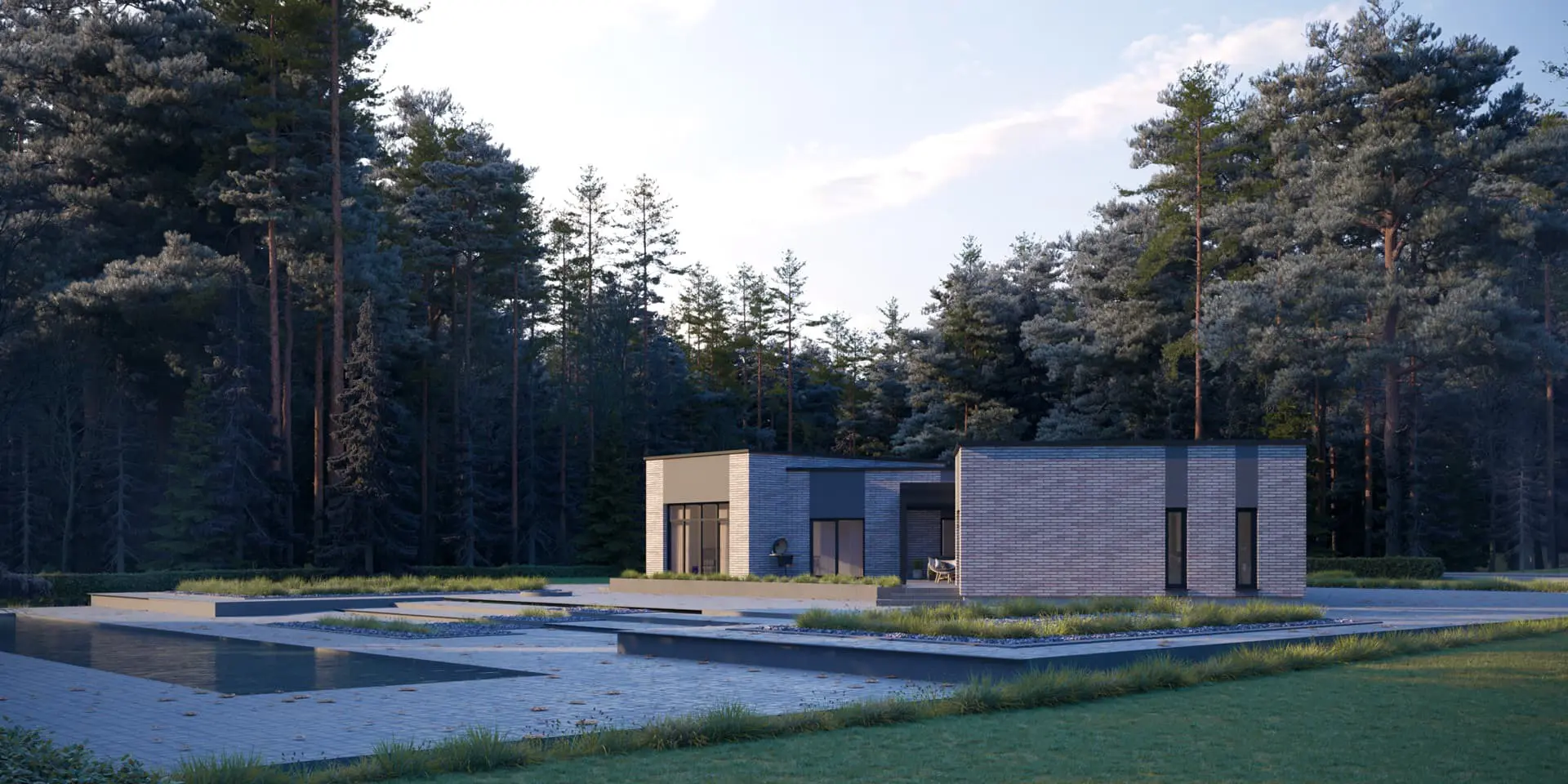 Vieno aukšto namo projektas 199 m²: 3 Miegamieji, Darbo kambarys, 3 Vonios, Atvira virtuvė, Garažas
