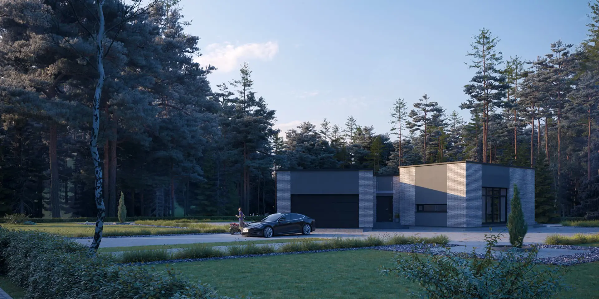 Vieno aukšto namo projektas 199 m²: 3 Miegamieji, Darbo kambarys, 3 Vonios, Atvira virtuvė, Garažas