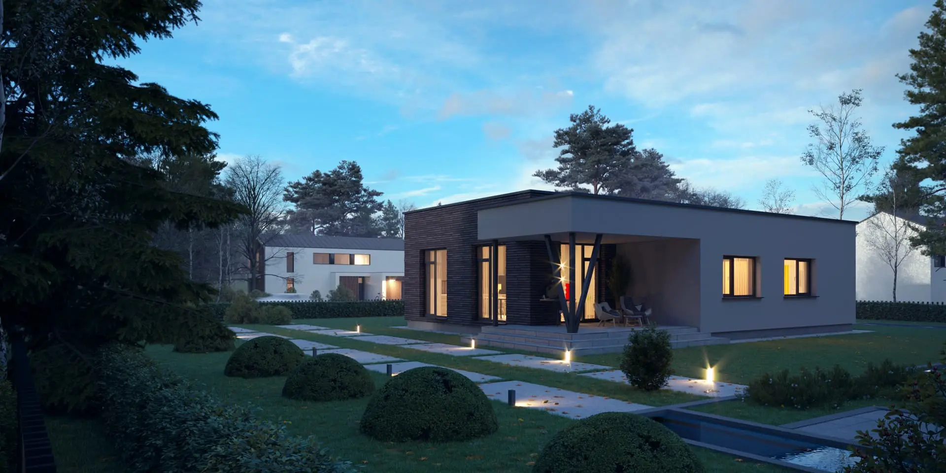 Vieno aukšto namo projektas 120 m²: 2 Miegamieji, 1 Vonios, Atvira virtuvė, Garažas