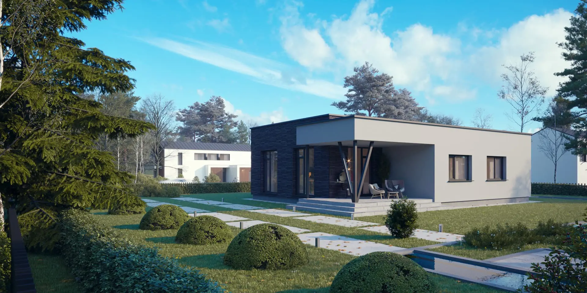 Vieno aukšto namo projektas 120 m²: 2 Miegamieji, 1 Vonios, Atvira virtuvė, Garažas