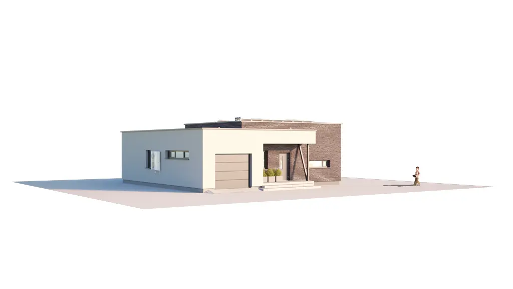 Vieno aukšto namo projektas 120 m²: 2 Miegamieji, 1 Vonios, Atvira virtuvė, Garažas