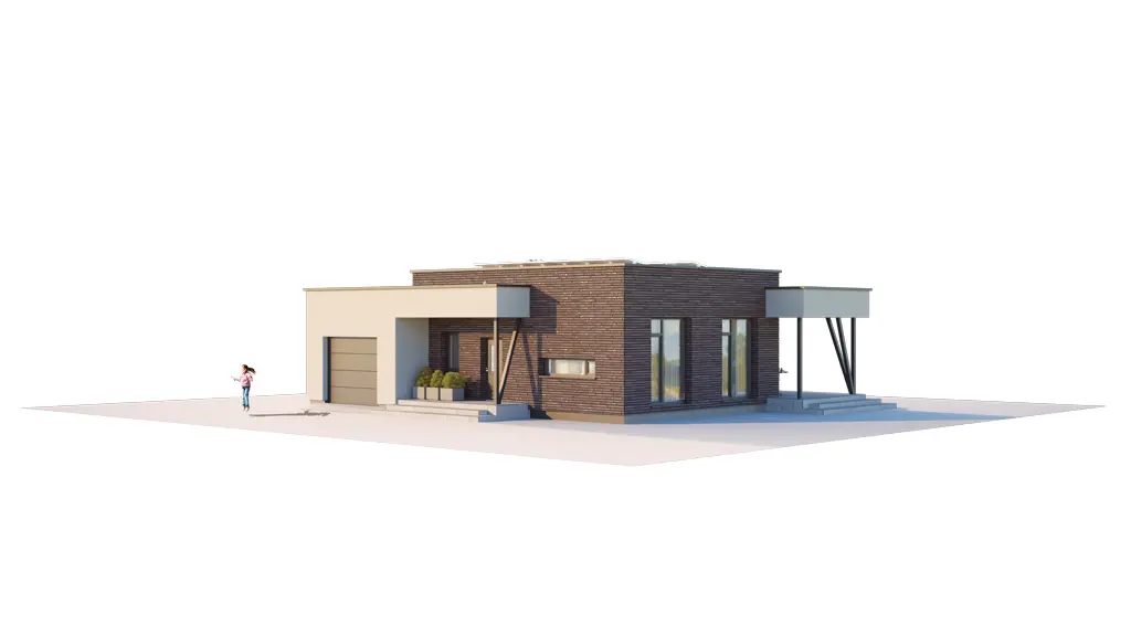 Vieno aukšto namo projektas 120 m²: 2 Miegamieji, 1 Vonios, Atvira virtuvė, Garažas