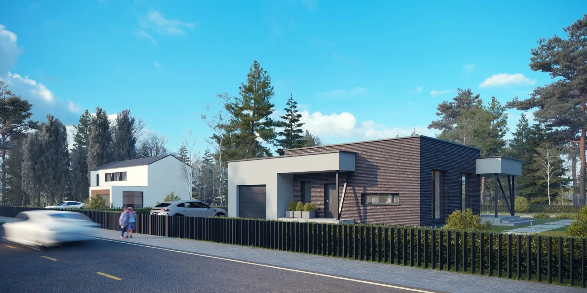 Vieno aukšto namo projektas 120 m²: 2 Miegamieji, 1 Vonios, Atvira virtuvė, Garažas