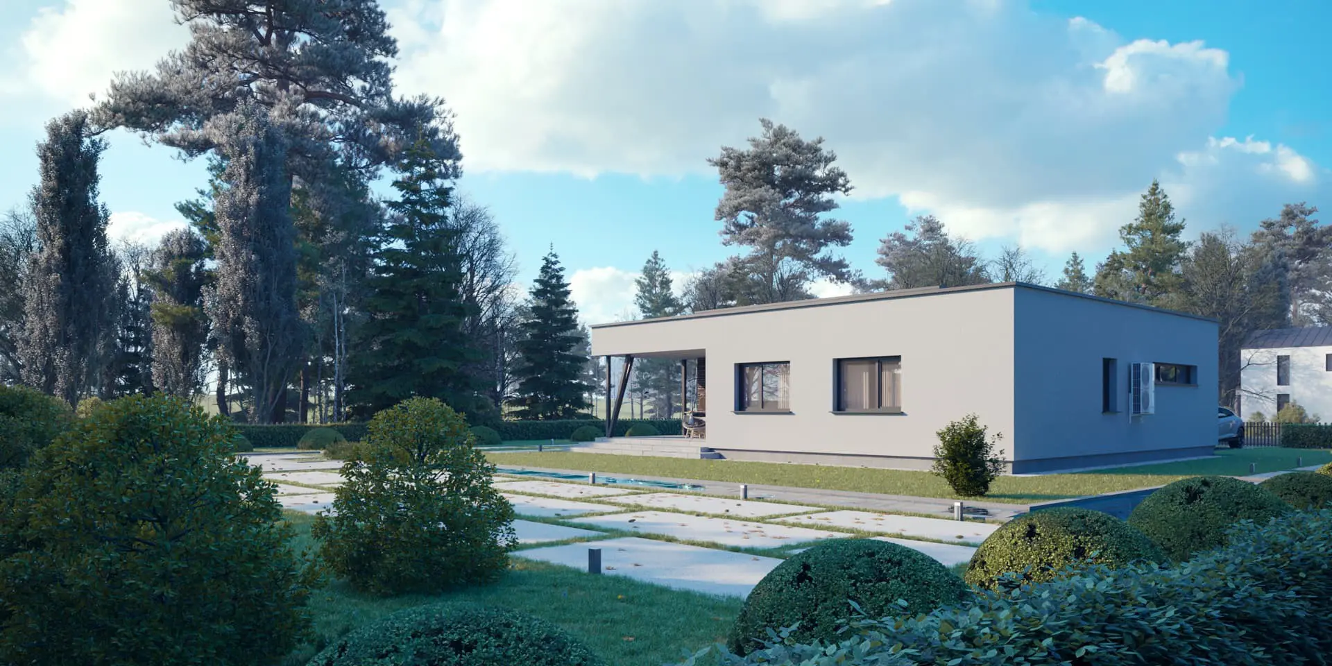 Vieno aukšto namo projektas 120 m²: 2 Miegamieji, 1 Vonios, Atvira virtuvė, Garažas