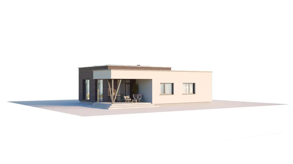 Vieno aukšto namo projektas 120 m²: 2 Miegamieji, 1 Vonios, Atvira virtuvė, Garažas