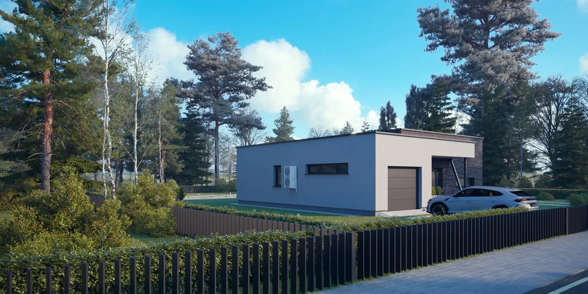 Vieno aukšto namo projektas 120 m²: 2 Miegamieji, 1 Vonios, Atvira virtuvė, Garažas