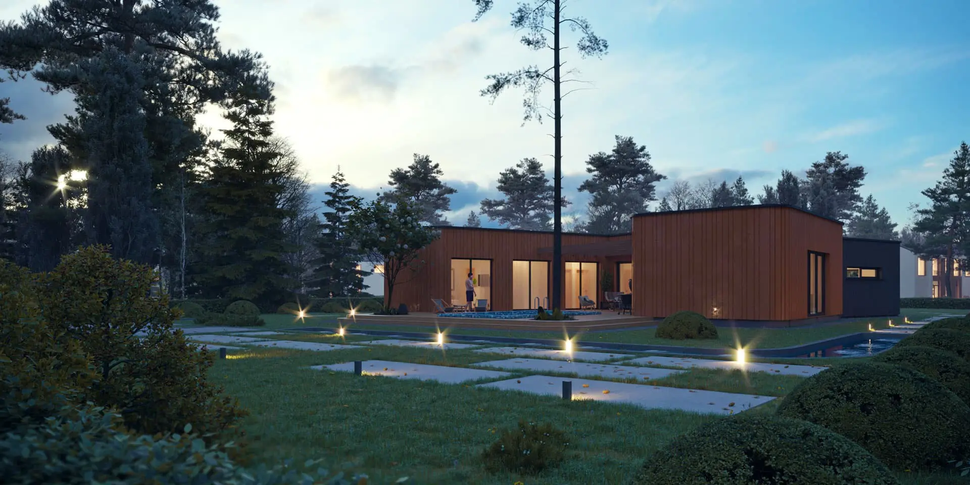 Vieno aukšto namo projektas 199 m²: 3 Miegamieji, 2 Vonios, Atvira virtuvė, Garažas