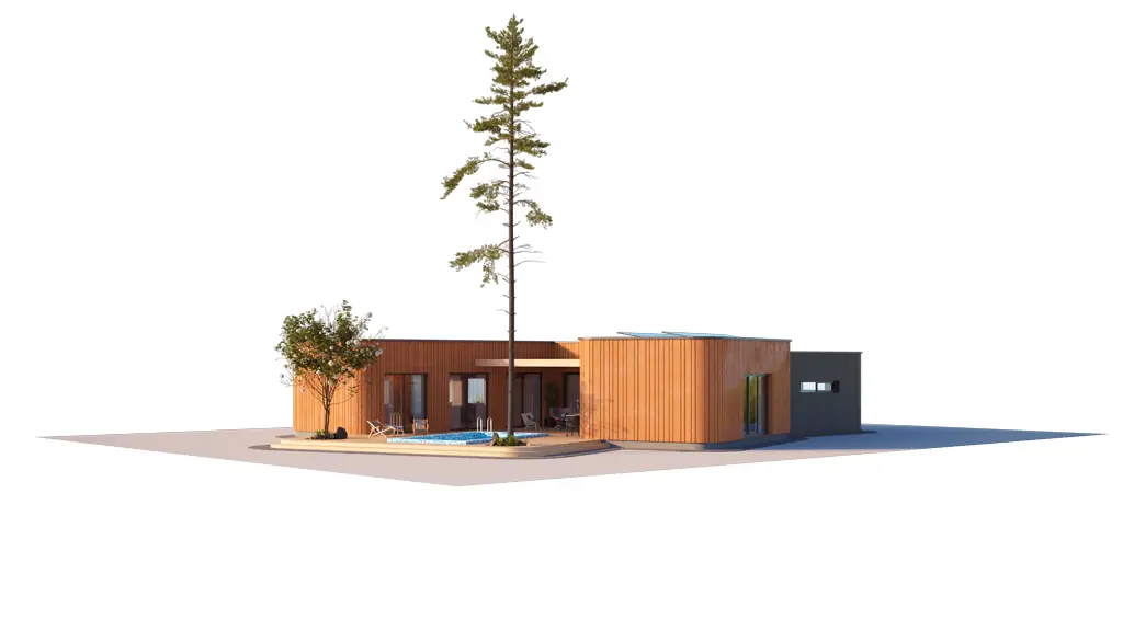 Vieno aukšto namo projektas 199 m²: 3 Miegamieji, 2 Vonios, Atvira virtuvė, Garažas